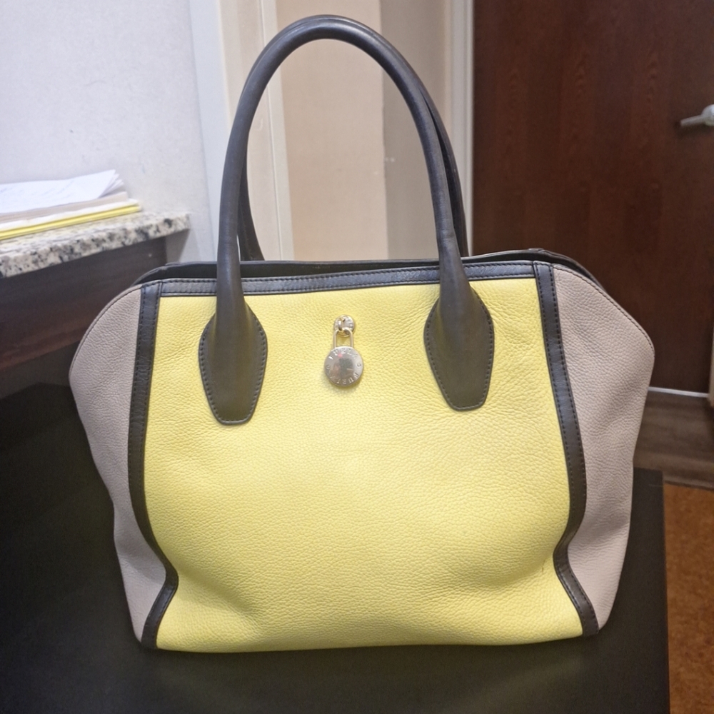 SOLD Furla Olimpia Tricolor Open Satchel Pebble Leather Handbag Tote Bag YelloW